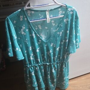 Vanilla Bay Turquoise Floral V-Neck Blouse